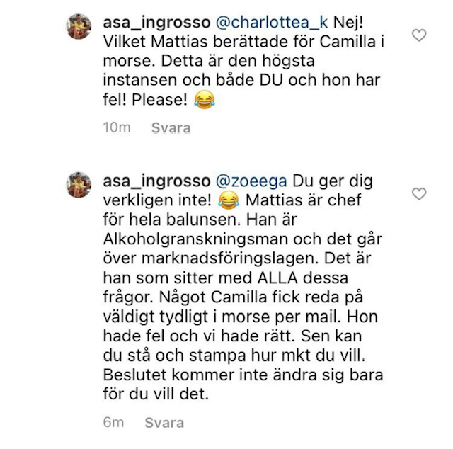 Skärmdump från Åsa Ingrossos Instagramkonto där hon påstår att AGM är chef för hela "balunsen" och att han står över marknadsföringslagen.