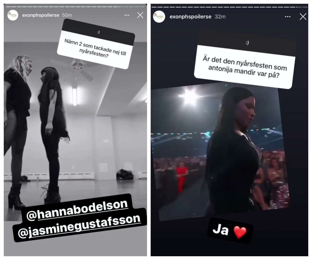 Inlägg från exonphspoilerse där hon skriver att Hanna Bodelsson och Jamsmine Gustafsson tackade nej till festen, samt att Antonija Mandir med sällskap gick på den. 