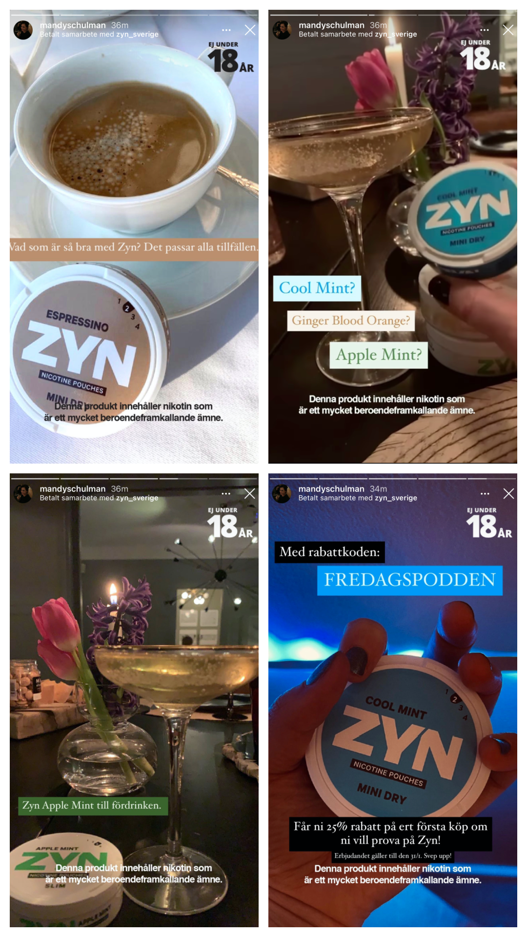 Amanda Schulman gör reklam för Zyn snus och matchar de olika smakerna till olika drinkar.