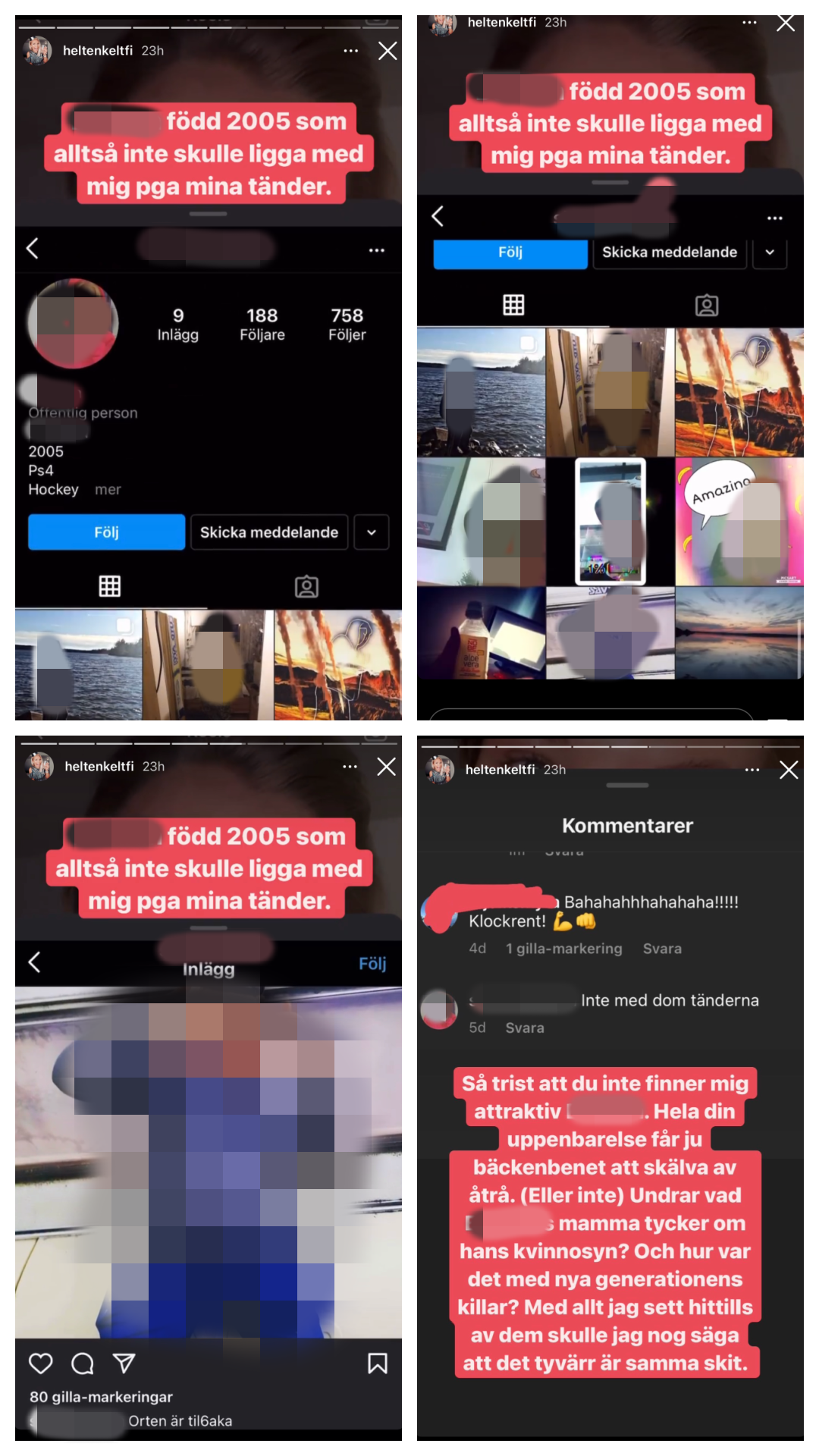 Skärmdumpar från @heltenkeltfi där hon publicerat en film från 15-åringens Instagramkonto och där hon skriver nedsättande om hans utseende.