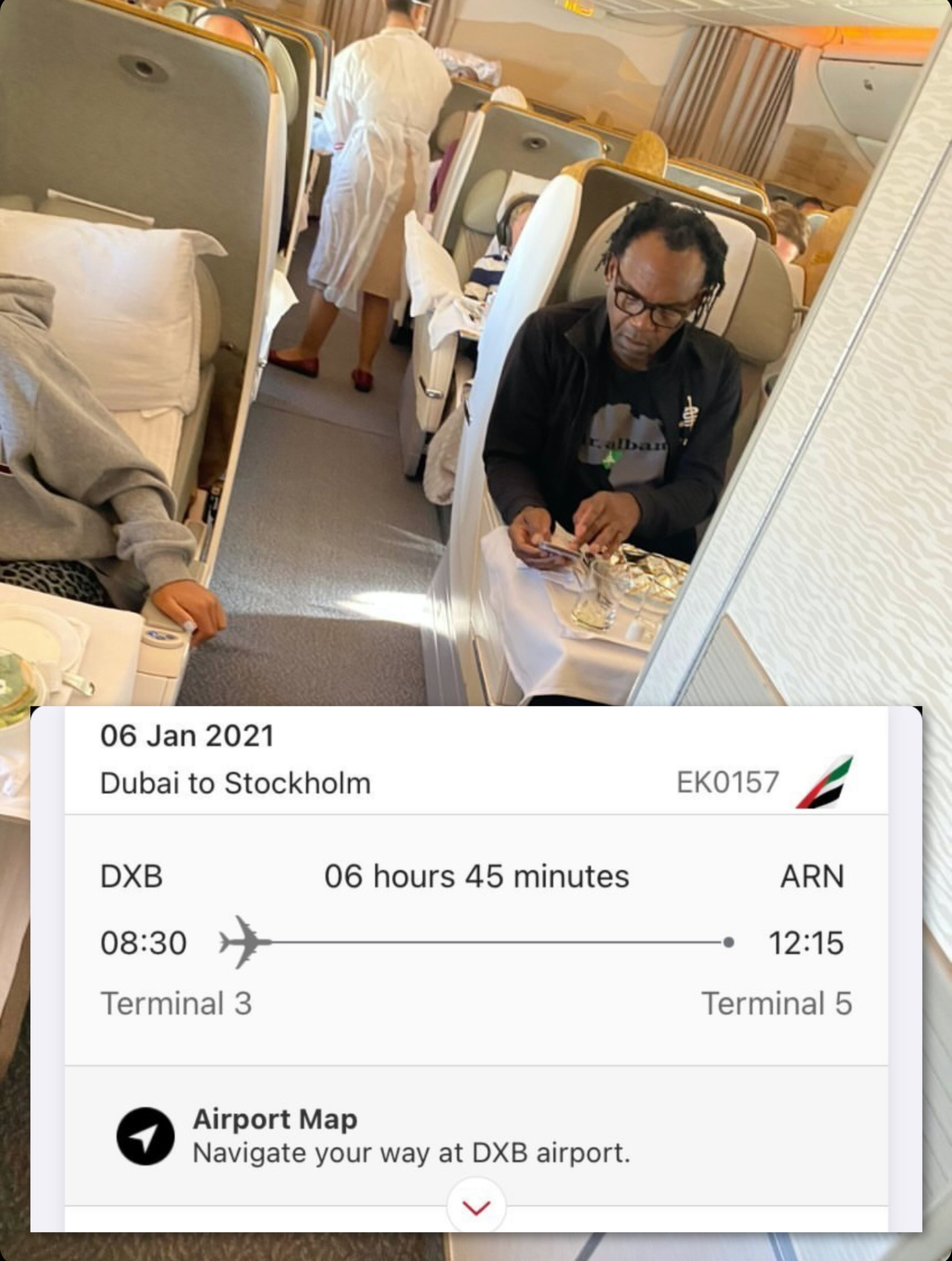 Dr Alban ombord på flyget från Dubai till Stockholm i onsdags. 