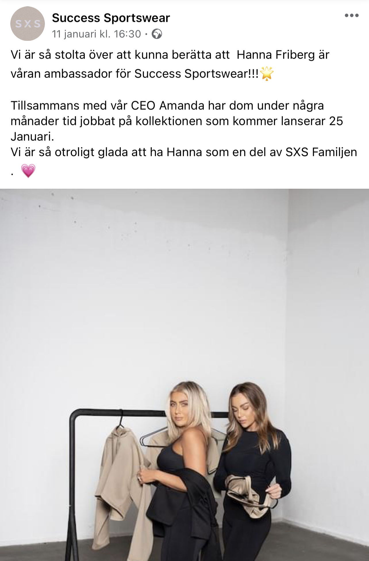 Vi är så stolta över att kunna berätta att Hanna Friberg är våran ambassador för Success Sportswear!!!?⁠ ⁠ Tillsammans med vår CEO Amanda har dom under några månader tid jobbat på kollektionen som kommer lanserar 25 Januari. Vi är så otroligt glada att ha Hanna som en del av SXS Familjen . ?⁠