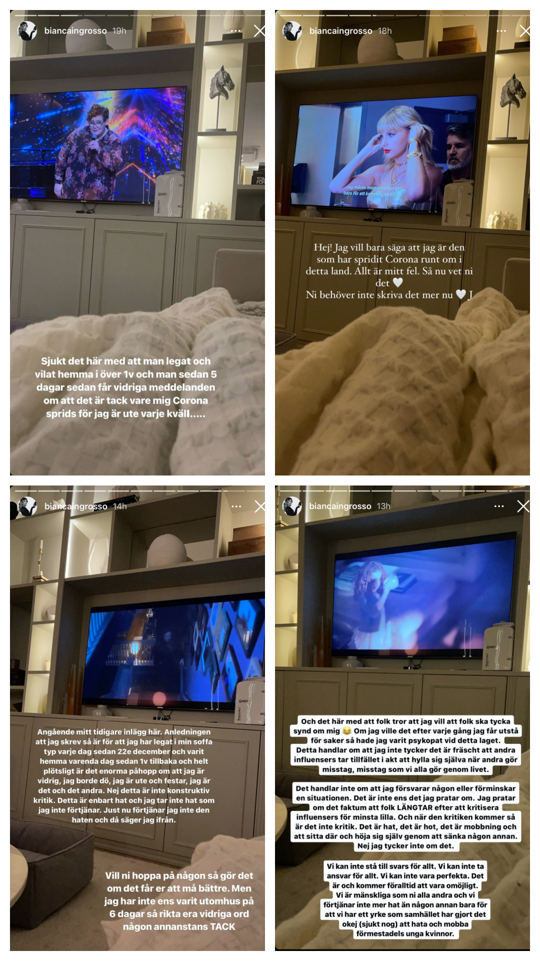 Inlägg från Bianca Ingrossos Instastory där hon beskriver hur hon får hat och hot för att influencers festar när hon själv legat hemma den senaste veckan och  knappt lämnat lägenheten sedan den 22 december,