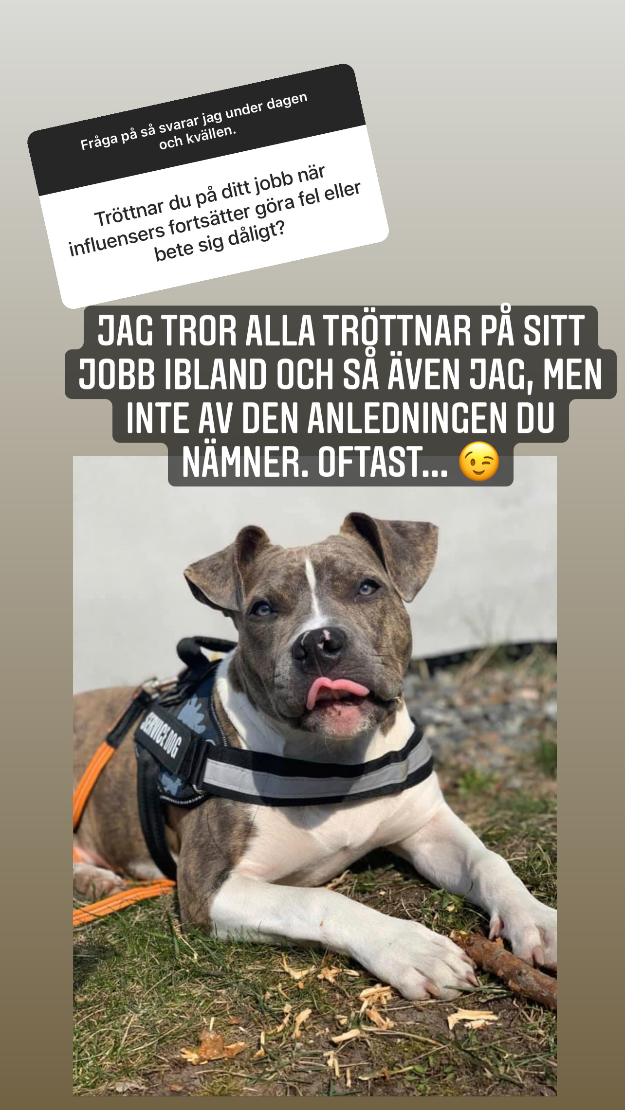 Fråga: Tröttnar du på ditt jobb när influencers fortsätter göra fel eller bete sig dåligt? Svar: Jag tror alla tröttnar på sitt jobb ibland och så även jag, men inte av den anledningen du nämner. Oftast. :-)