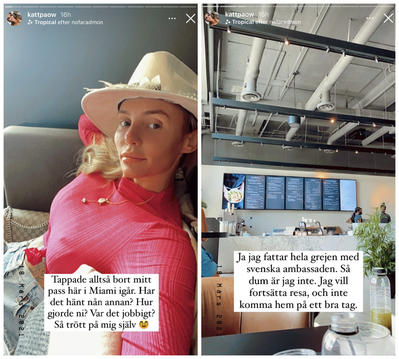 Från Paows Instastory: "Tappade alltså bort mitt pass här i Miami igår. Har det hänt någon annan? Hur gjorde ni? Var det jobbigt? Så trött på mig själv". Bild 2. "Ja, jag fattar hela grejen med svenska ambassaden. Så dum är jag inte. Jag vill fortsätta resa, och inte komma hem på ett bra tag". 