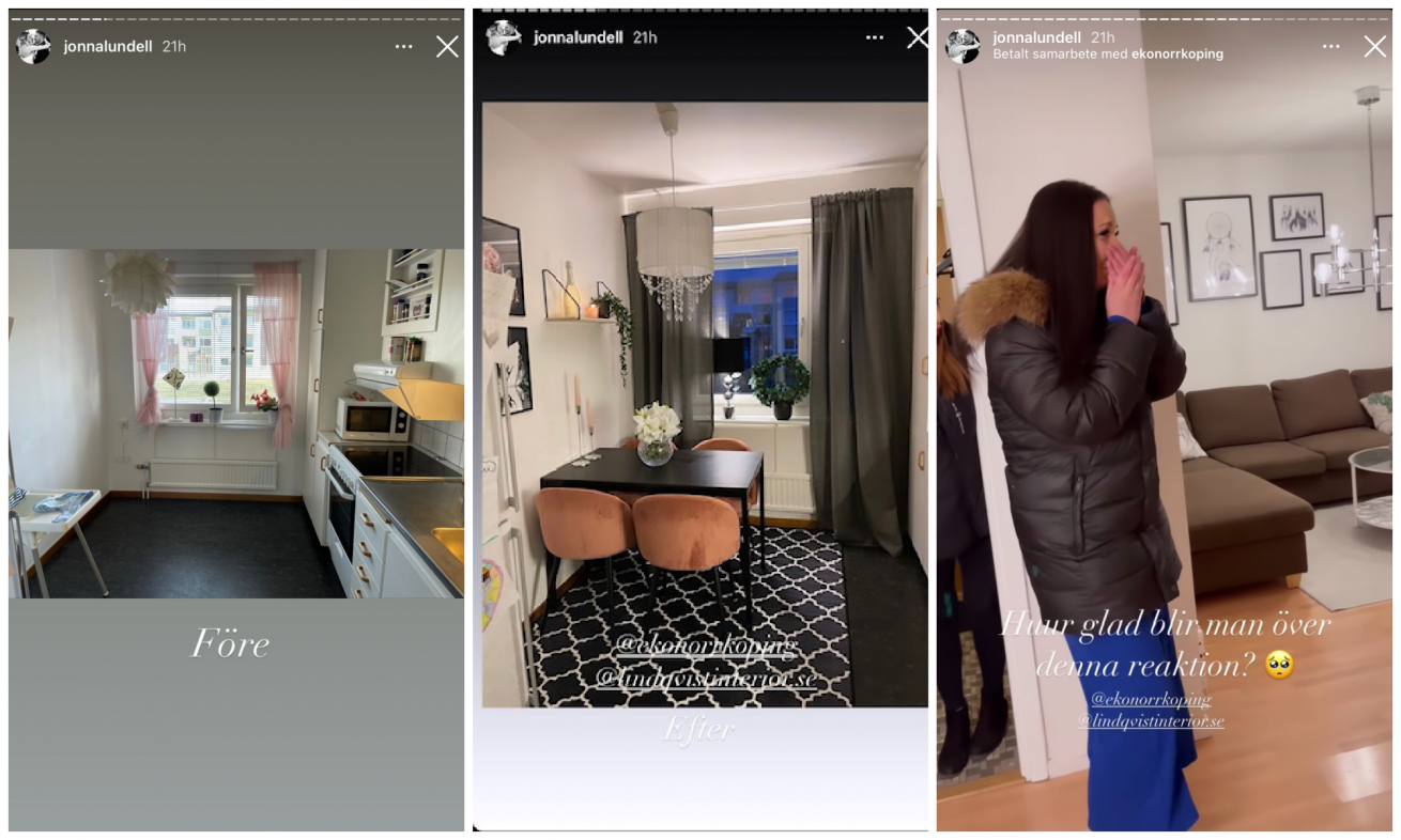 Bilder från Jonna Lundells Instastory på sin värs rörda reaktion på sin lägenhet som är helt omgjord.
