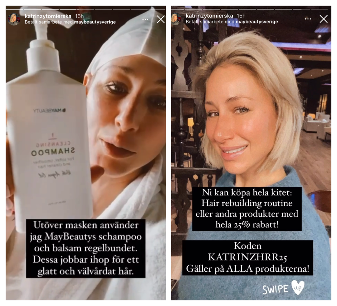 Katrins reklam för Maybeauty Sweden där hon skriver att hon använder deras produkter regelbundet.
