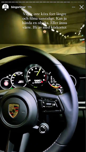 En skärmdump från Bingo Rimérs video, som visar en bil som kör i 144 km/h och texten "vågar ite köra fort längre och filma samtidigt. Kan ju hända en olycka. Eller ännu värre. Bli av med körkorten.