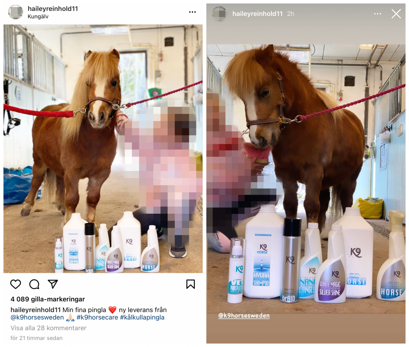 Ett inlägg från Instagram på barnet med alla K9-produkterna uppställda. Nästa bild är en skärmdump från Instagram story där det publicerades en film när barnet gjorde en unboxing.