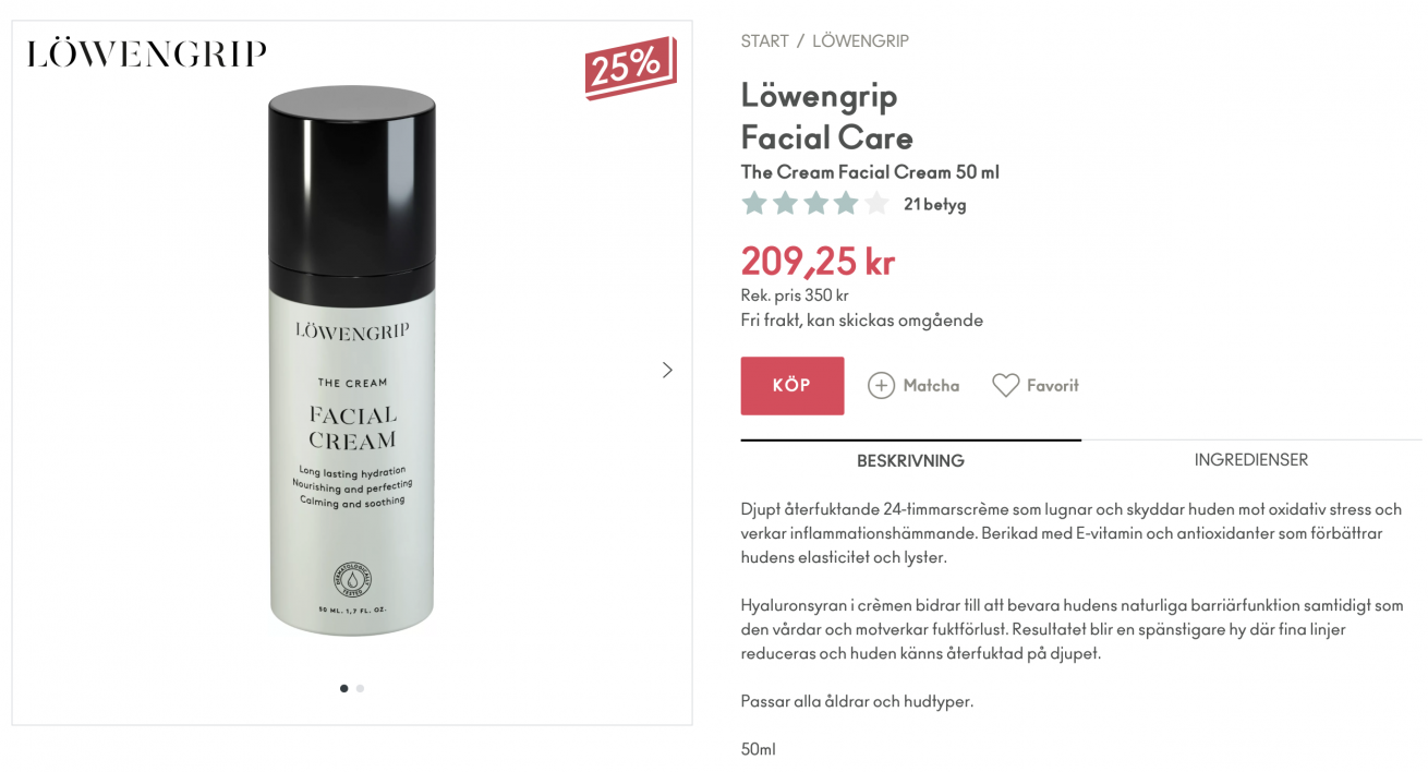Löwengrip Facial Care The Cream Facial Cream 50 ml 209,25 kr Rek. pris 350 kr