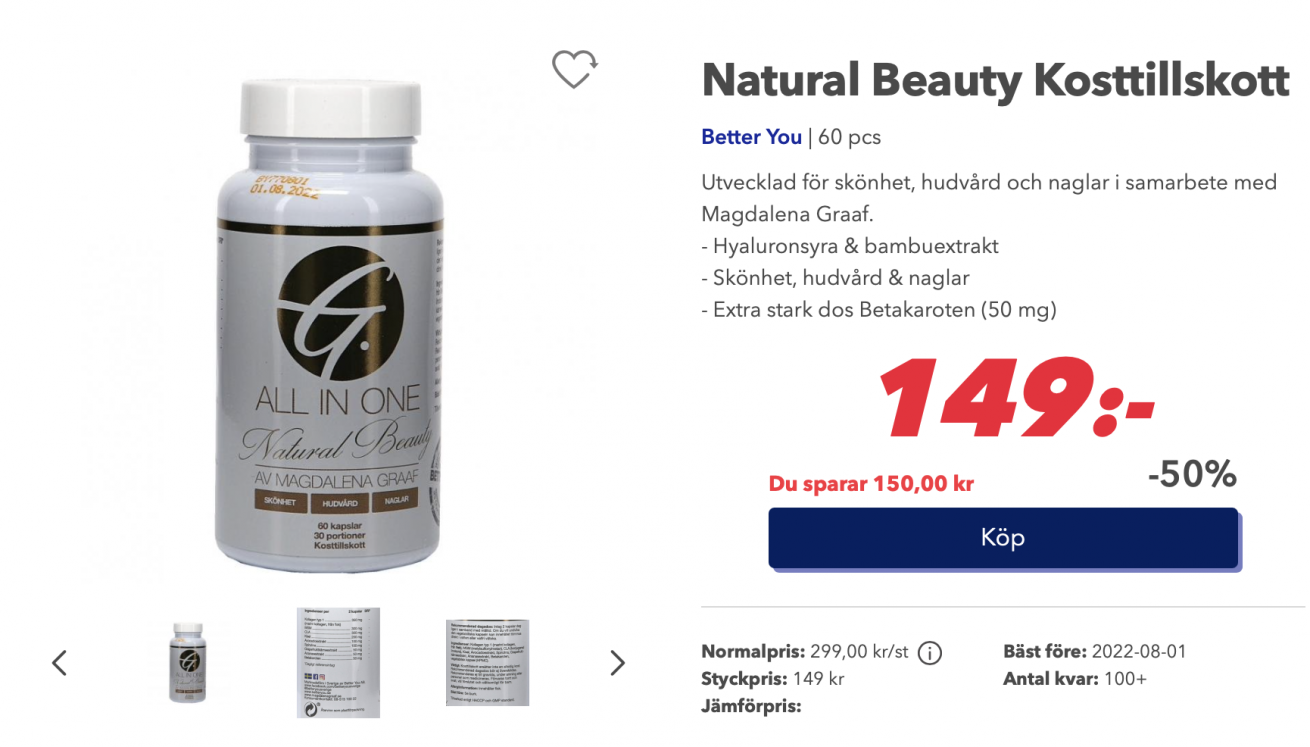 Utvecklad för skönhet, hudvård och naglar i samarbete med Magdalena Graaf. - Hyaluronsyra & bambuextrakt - Skönhet, hudvård & naglar - Extra stark dos Betakaroten (50 mg) 149 kr 50%