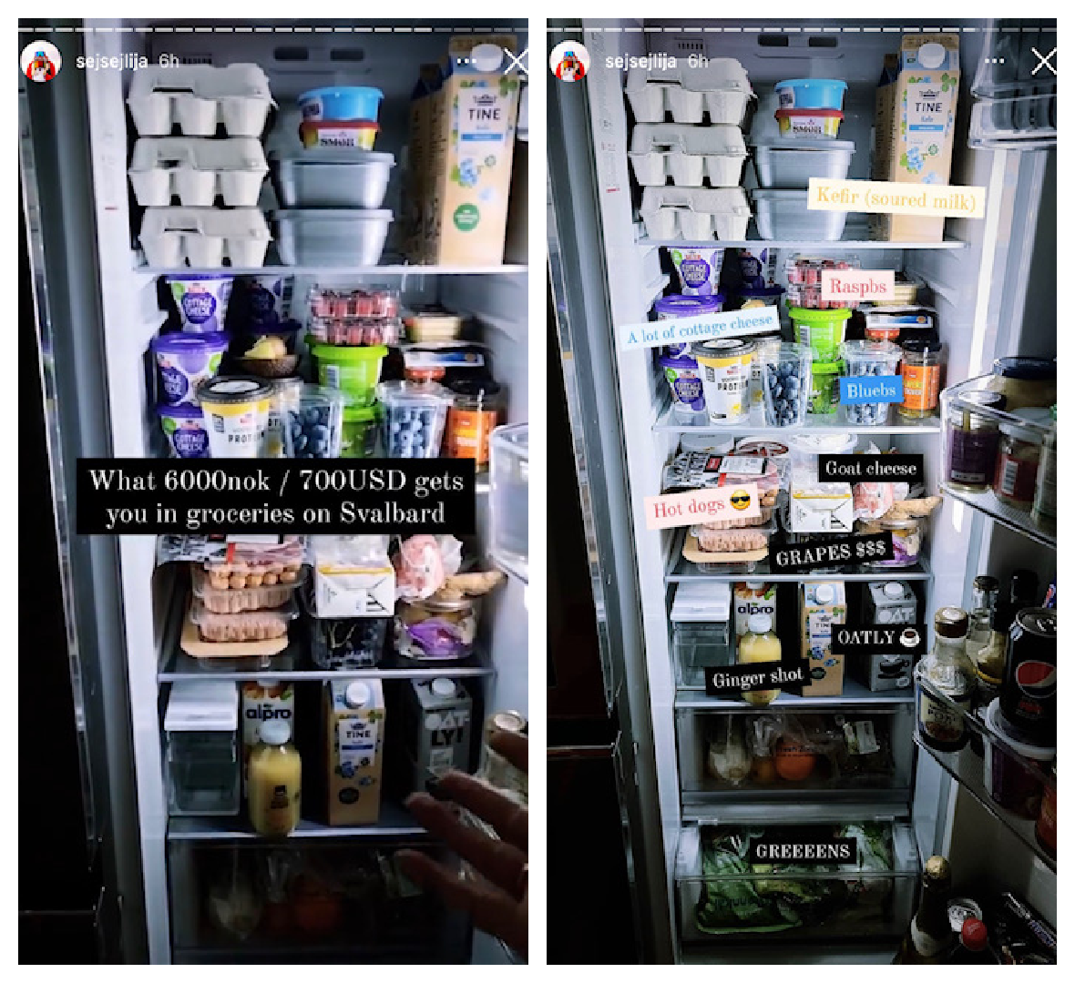 Bild på fullt kylskåp och texten: What 6000NOK/700USB gives you in groceries on Svalbard - and the an explanation on some of the things in the fridge