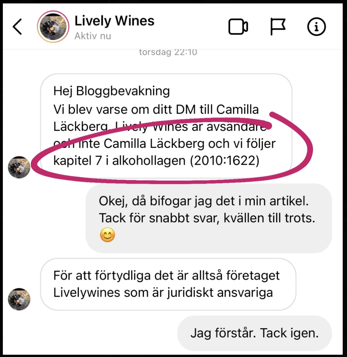 Dm från Lively Wines: Hej Bloggbevakning Vi blev varse om ditt DM till Camilla Läckberg. Lively Wines är avsändare och inte Camilla Läckberg och vi följer kapitel 7 i alkohollagen (2010:1622)