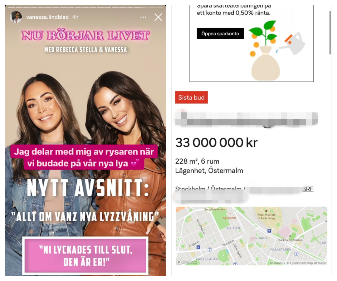 Vanessa Lindblad berättar om budgivningen på drömlägenheten, i sin och Rebecca Stellas podd. Hur mäklaren ringt upp och sagt "Ni lyckades till slut! Den är er!" En bild från Booli på lägenheten vars slutbud hamnade på 33 000 000 kr.