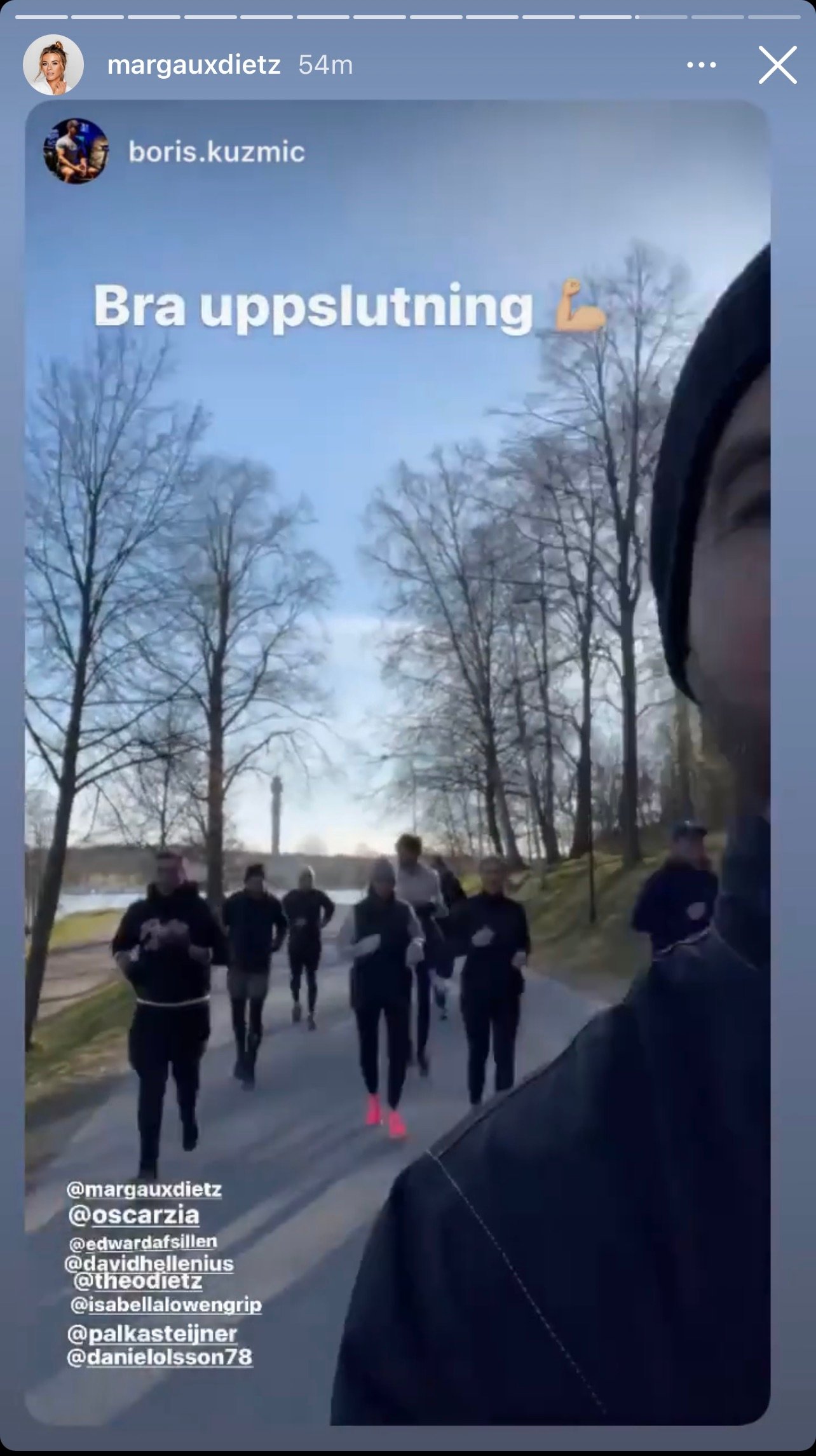 Skärmdump från Margaux Dietz Instastory där ett gäng kändisar är ute och joggar på Djurgården