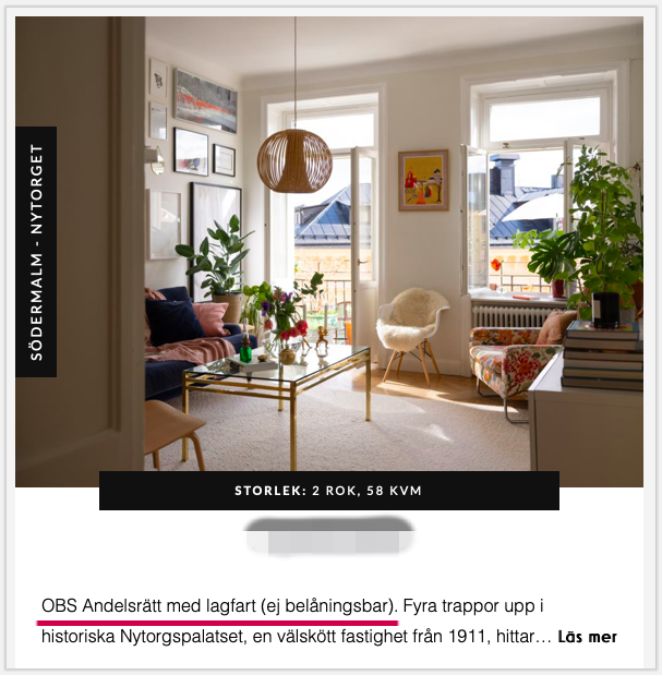 Bild på Sandra Beijers lägenhet från mäklarens hemsida där det står "OBS Andelsrätt med lagfart (ej belåningsbar)."