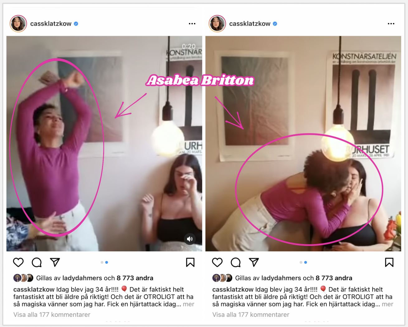 Bilder från videon där Asabea Britton dansar o ett trångt kök och pussar Cassandra på kinden