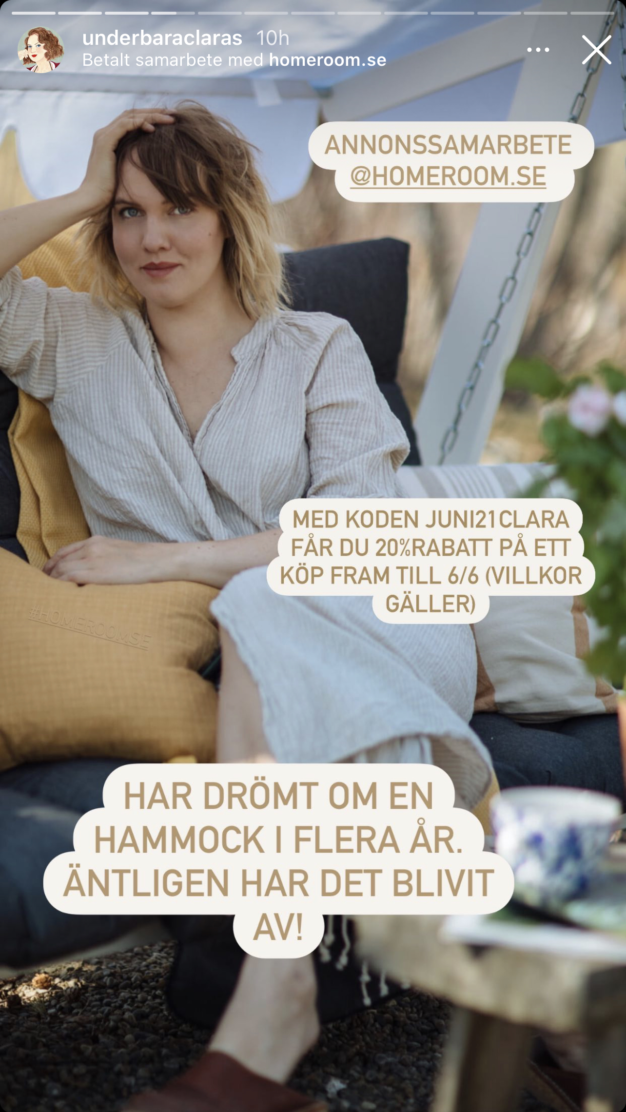 Ett reklaminlägg från Underbara Clara där hon gör reklam från bland annat en hammock från Homeroom.se