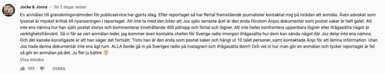 Joakim Lundells kommentar på Youtube där han uppmanar sina följare att anmäla inslaget om de anser att det brister i saklighet mm.