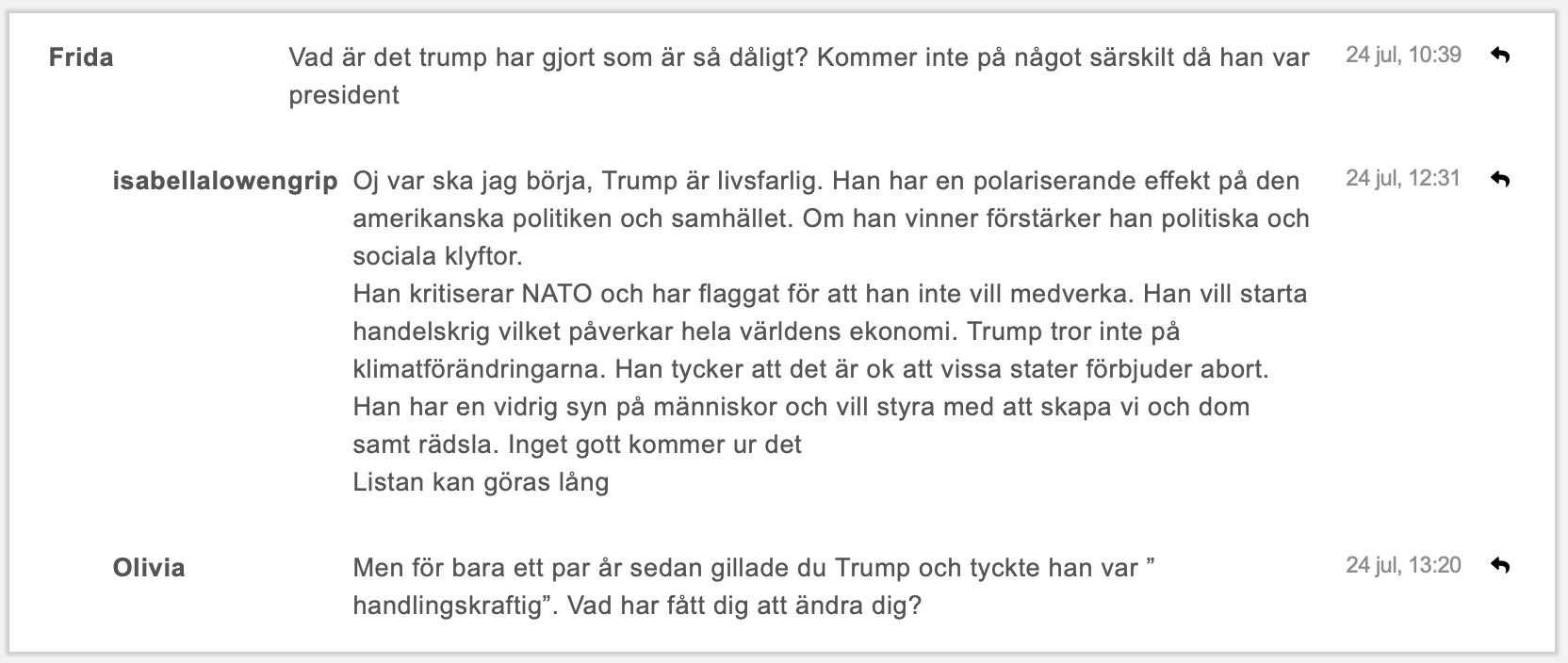 
Oj var ska jag börja, Trump är livsfarlig. Han har en polariserande effekt på den amerikanska politiken och samhället. Om han vinner förstärker han politiska och sociala klyftor.
Han kritiserar NATO och har flaggat för att han inte vill medverka. Han vill starta handelskrig vilket påverkar hela världens ekonomi. Trump tror inte på klimatförändringarna. Han tycker att det är ok att vissa stater förbjuder abort.
Han har en vidrig syn på människor och vill styra med att skapa vi och dom samt rädsla. Inget gott kommer ur det
Listan kan göras lång