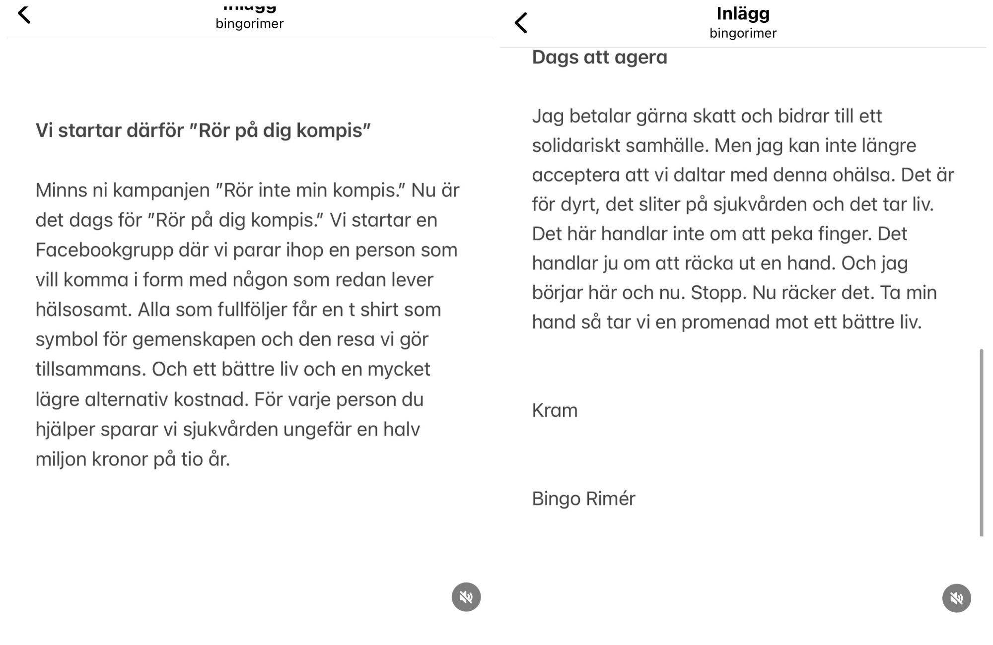 En enkel lösning! Ta en medmänniska i handenVi behöver en rörelse av medmänsklighet och disciplin. Alla som är i bra form tar ansvar för en person som behöver komma i form. Tre promenader i veckan tillsammans och stöd i att äta bättre mat. Det handlar inte om dieter eller snabba lösningar utan om vardagsmotion och sund kosthållning. Och ett samtal mellan två människor om livet. Och då hjälper vi även någon som känner sig ensam och övergiven. Vi startar därför ”Rör på dig kompis” Minns ni kampanjen ”Rör inte min kompis.” Nu är det dags för ”Rör på dig kompis.” Vi startar en Facebookgrupp där vi parar ihop en person som vill komma i form med någon som redan lever hälsosamt. Alla som fullföljer får en t-shirt som symbol för gemenskapen och den resa vi gör tillsammans. Och ett bättre liv och en mycket lägre alternativ kostnad. För varje person du hjälper sparar vi sjukvården ungefär en halv miljon kronor på tio år