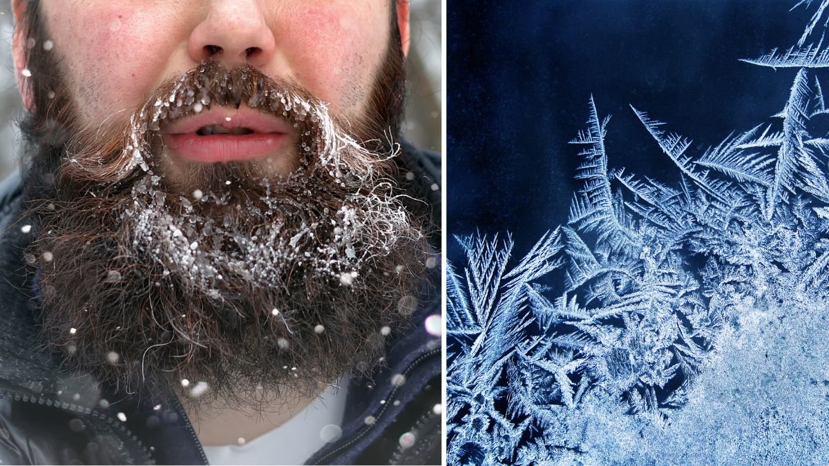 Gubbe som har is och frost i skägget. Frost.