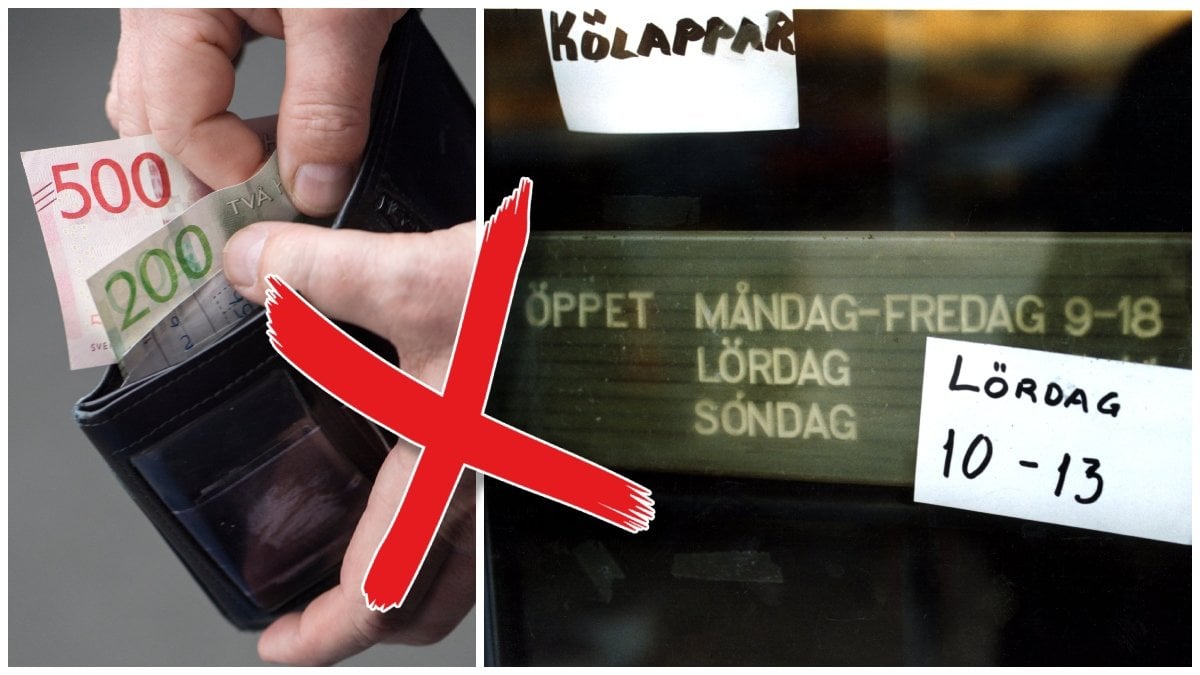 Person som tar upp sedlar ur en plånbok och en öppettider-skylt på en dörr.