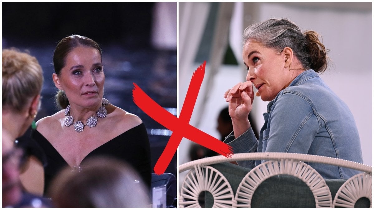 Agneta Sjödin, till vänster sitter och kollar åt höger. På högra bilden kollar Agneta åt vänster och ser allvarligare ut. Bilden har ett rött kryss mellan varandra och är ett montage.