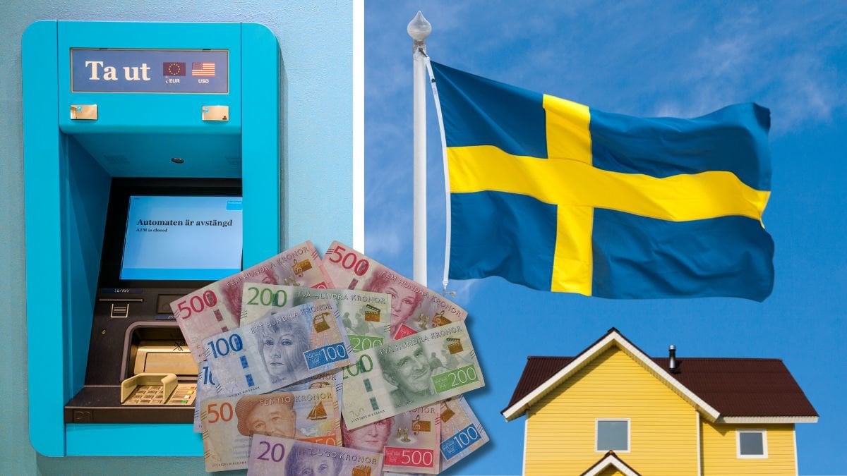 Kontanter och bankomat, sveriges flagga och sedlar.