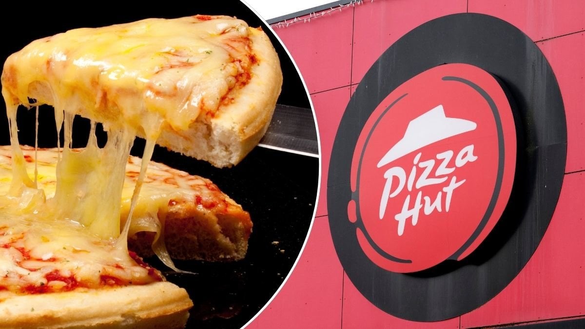 Bilder på Pizza Huts logga och en pizza.