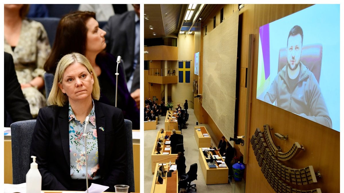Volodymyr Zelenskyj talade inför Sveriges riksdag.