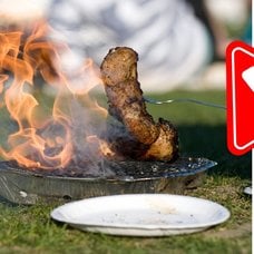 Grillar vid gräs vänster och höger. Varningskylt utklippt i mitten.