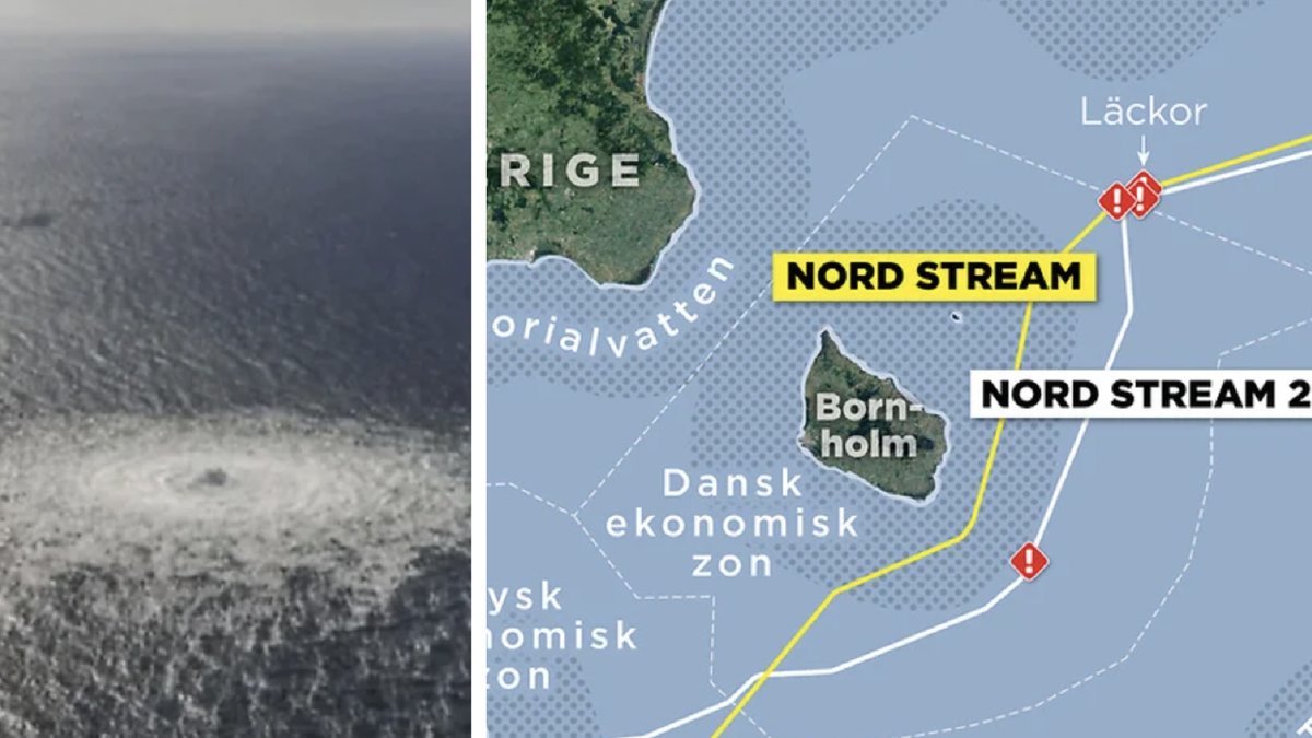 Kartan visar de fyra läckorna på gasledningarna Nord Stream och Nord Stream 2 samt ekonomiska zoner och territorialvatten.