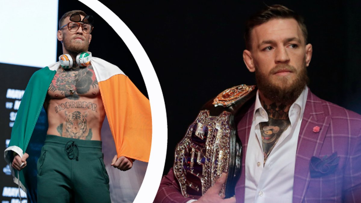 Conor McGregor med irländsk flagga. Conor McGregor med UFC-bälte.