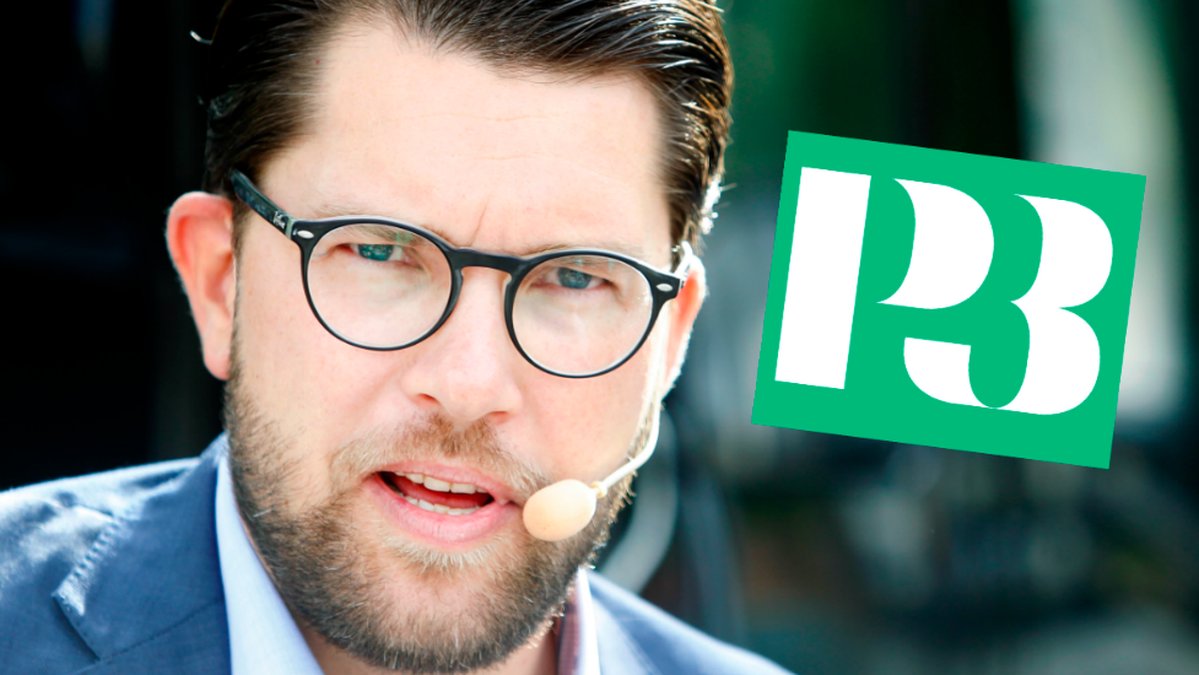 Jimmie Åkesson. Över bilden är en inklippt P3-logga. 