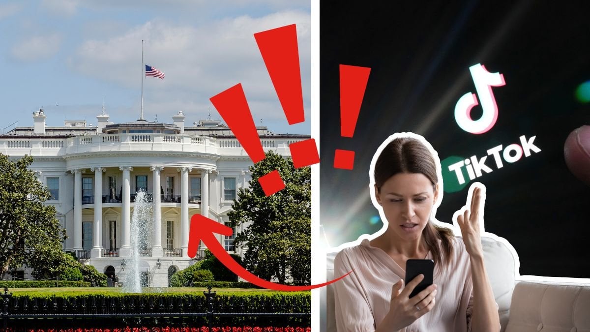 Vita Huset till vänster. TikTok appen på en mobil till höger. En frustrerad kvinna hållande telefon utklippt till höger. Röd pil och Utropstecken vid Vita Huset.