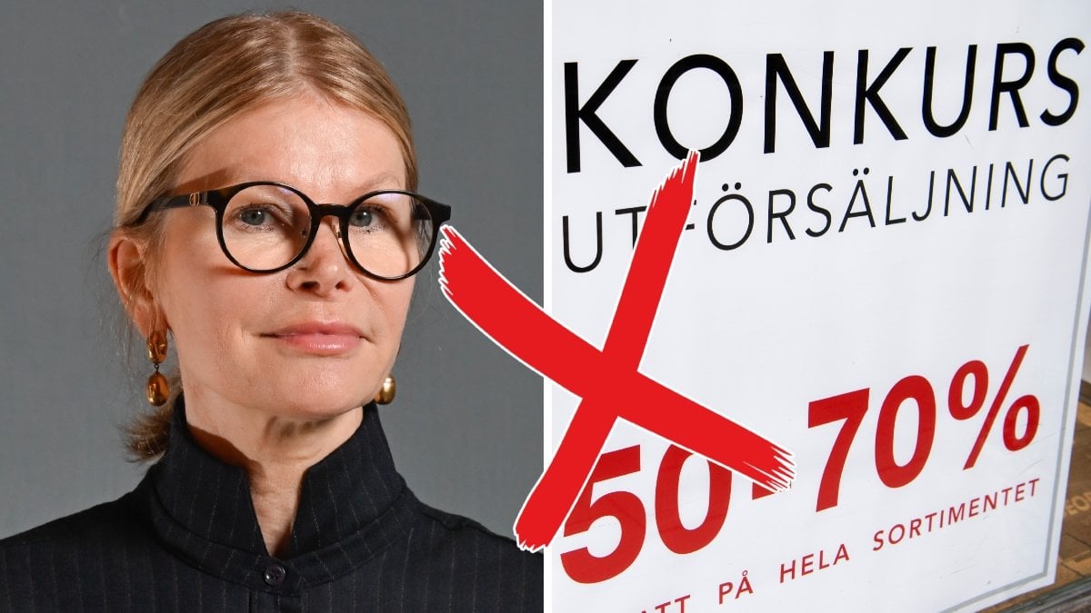 Bild på Anna Teurnell och en konkurs-skylt.