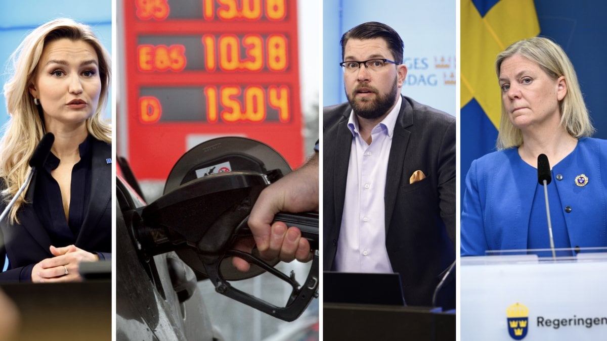 Ebba Busch, genrebild på bensin, Jimmie Åkesson och Magdalena Andersson.