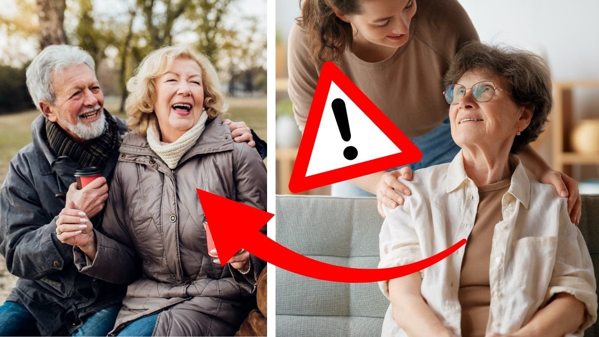 Pensionärpar med kaffe i handen som skrattar till höger. En äldre dam som håller anhörigs hand till höger. Röd pil pekar på paret. Varningskylt utklippt i mitten. 