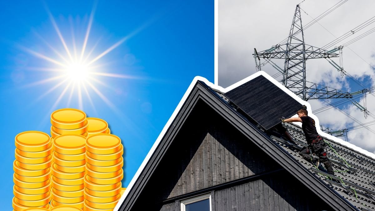 Sol på himlen och en man som installerar solceller.