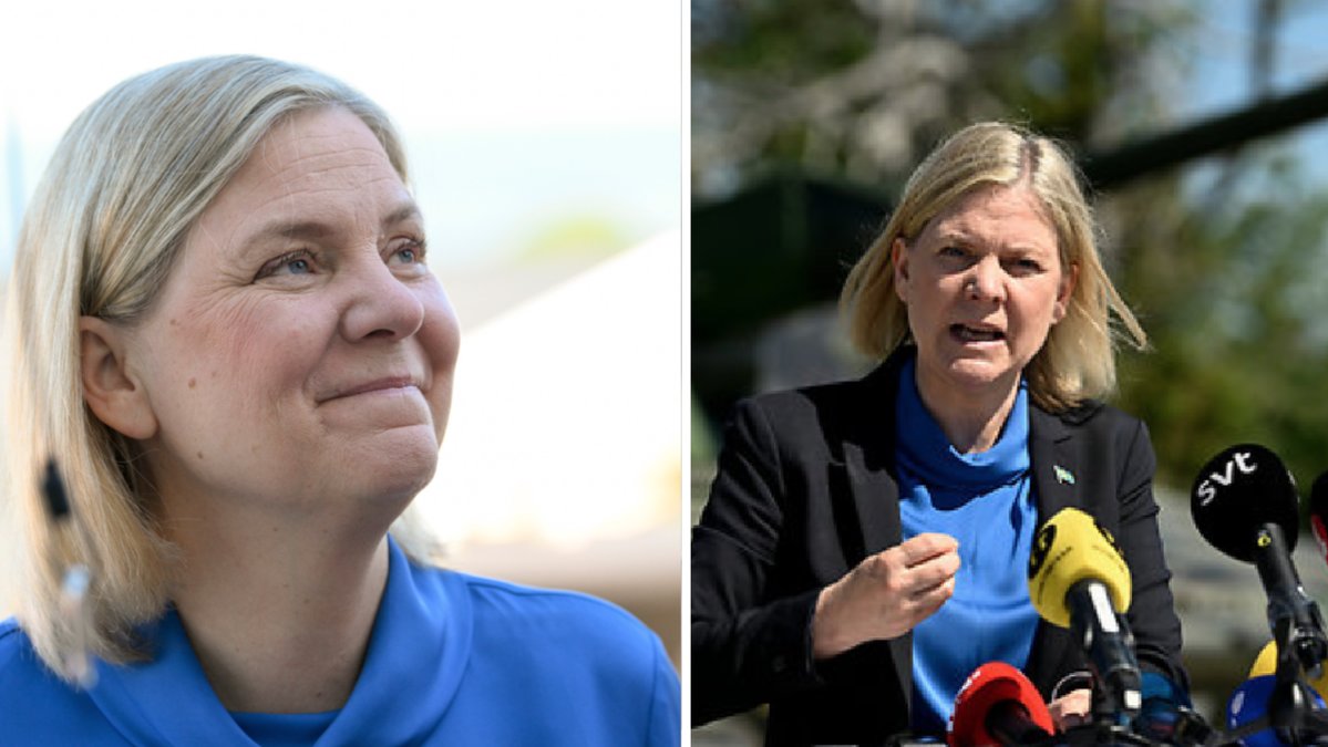 Statsminister Magdalena Andersson (S) talar under en pressträff efter sitt besök på försvarsmakten vid Gotlands regemente P18 på söndagen.