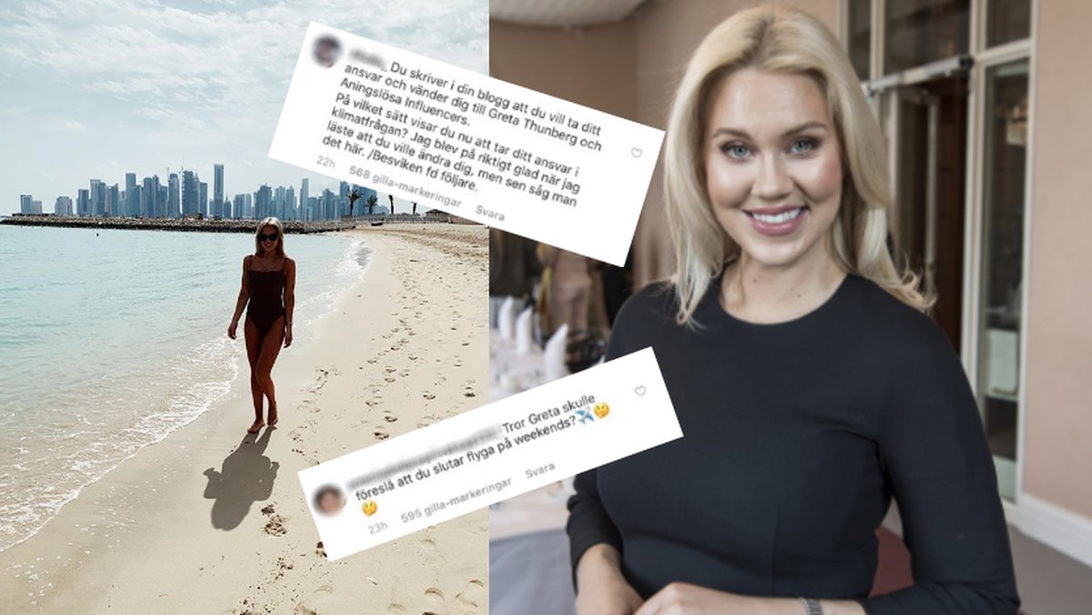 Isabella Löwengrip badar på strand, arga kommentarer