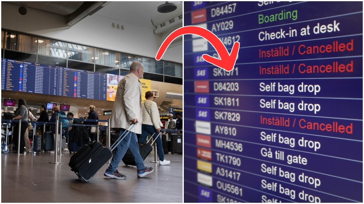 Man med resväska på Arlanda och informationstavla på flygplats.