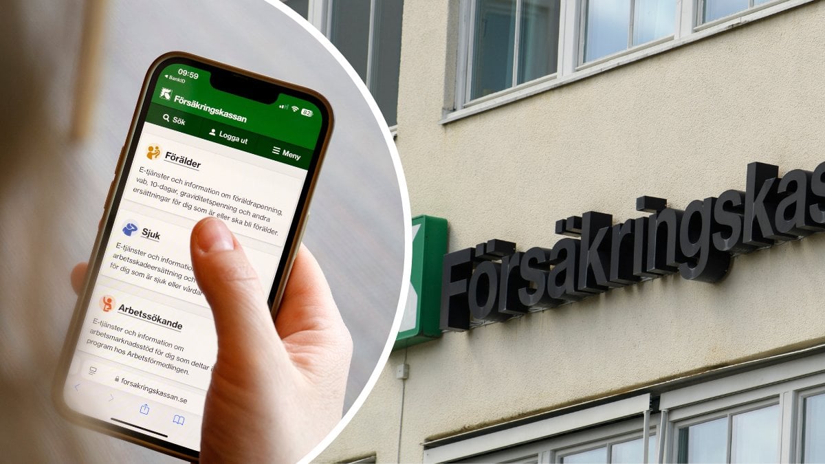 Försäkringskassans hemsida på en mobil vänster. Försäkringskassan-skylt höger.