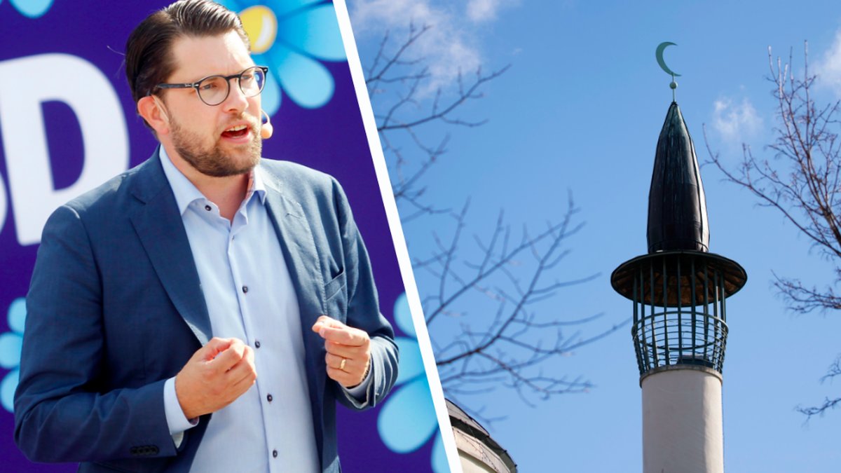 Jimmie Åkesson och en minarét. Kollage. 