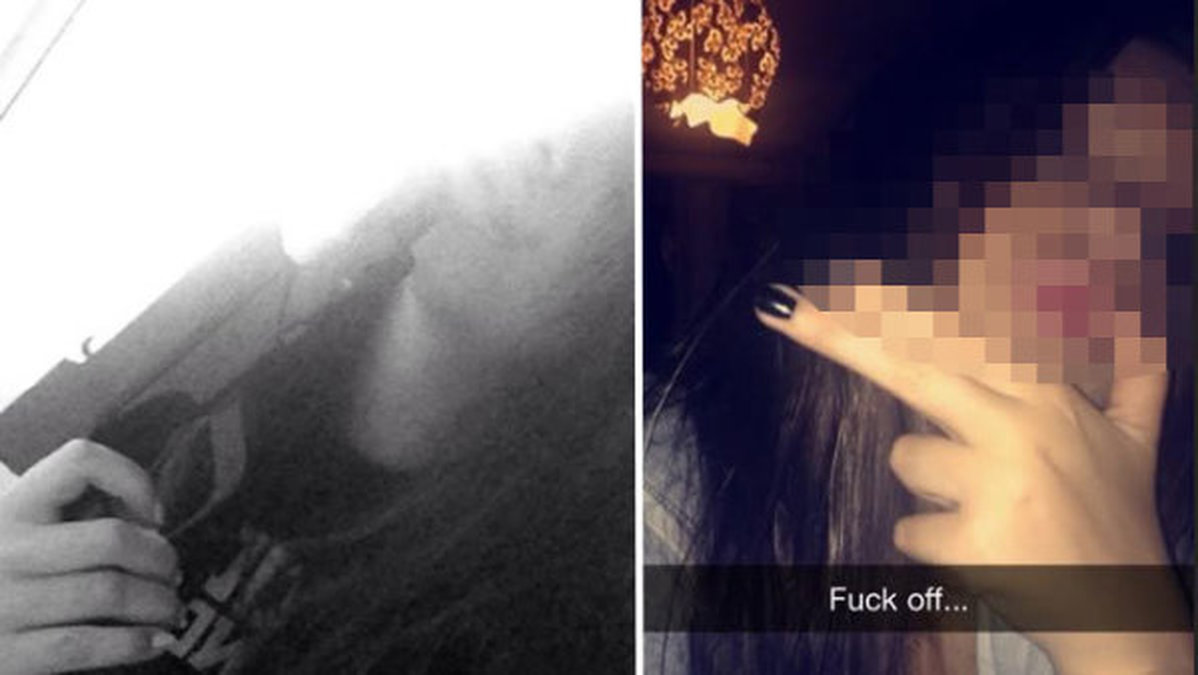En flicka med pistol, och en snapchatbild med texten Fuck off.