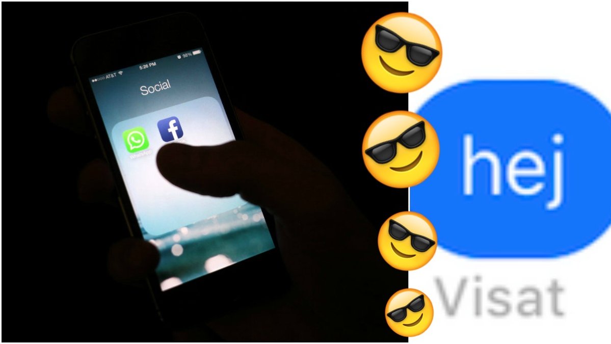 En hand håller en iphone, emojis och konversation där det står hej.