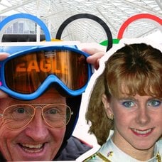 OS ringarna i bakgrunden. Utklippta bilder av Eddie The Eagle, Tonya Harding, Jamaikas boblandslag 1988 och Charlotte Kalla över bakgrunden.