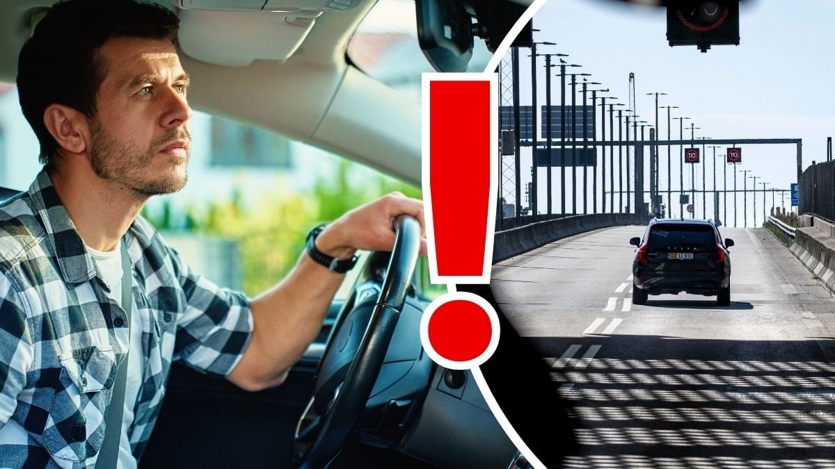 Man som kör bil och bilar på väg upp ur tunneldelen av Öresundsbroförbindelsen