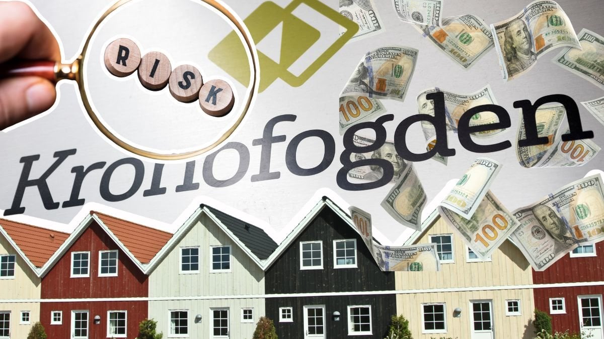 Kronofogden text i bakgrunden, radhus framför. Regnande sedlar höger. Ett förstoringsglas med texten Risk vänster.